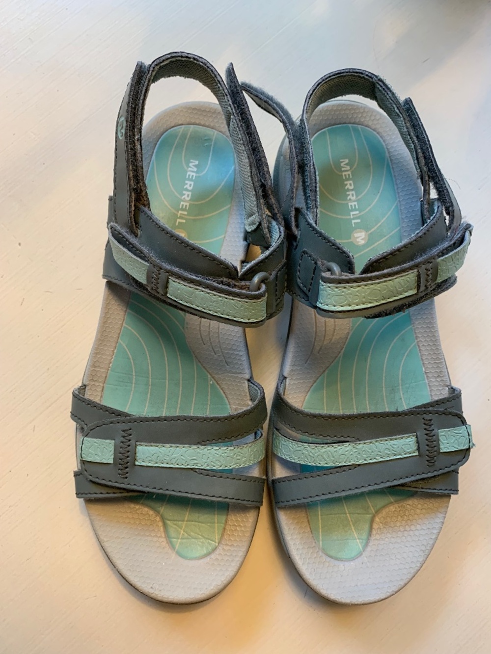 Merrill’s size 8 sandals, turquoise and grey